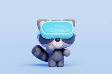 3D cute raccoon wearing virtual reality headset, Cartoon animal character, 3D rendering clipart