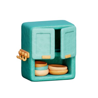 Mutfak dolabı, mutfak gereçleri, pişirme ve pişirme öğeleri, 3D görüntüleme.