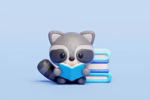 3 boyutlu sevimli rakun kitap okuyor, çizgi film karakteri, 3 boyutlu çizim.