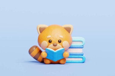 3 boyutlu sevimli kırmızı panda kitap okuyor, çizgi film karakteri, 3 boyutlu çizim.