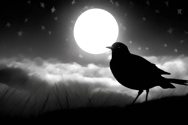 a black crow on a cloudy evening. the moon and a bird in the sky