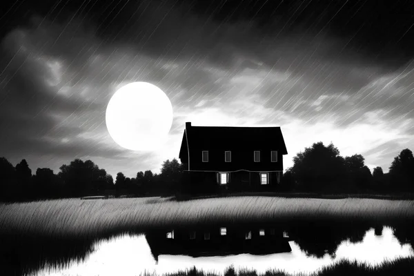 beautiful night sky, illustration of the house in the field