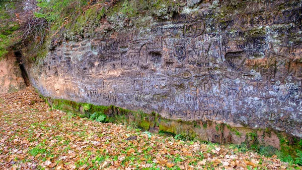 Természetes Barlang Homokkő Sziklában Gauja Folyó Egykori Partján Faragott Fal — Stock Fotó