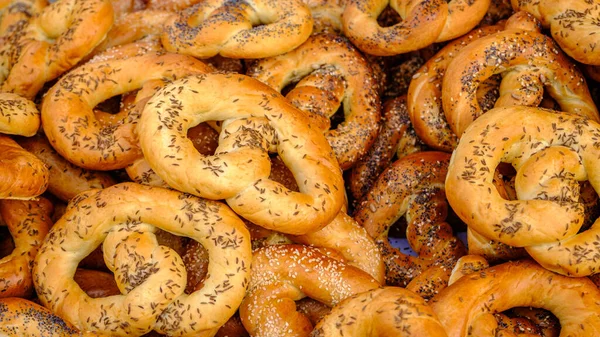 Delicious Freshly Baked Traditional Pretzels Cumin Handmade Country Market — Stock Photo, Image