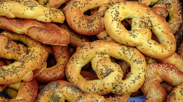 Delicious Freshly Baked Traditional Pretzels Cumin Handmade Country Market — Stock Photo, Image