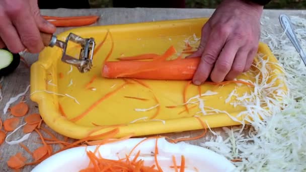 Mann Demonstriert Fähigkeiten Beim Karottenschälen Gesunde Ernährung — Stockvideo
