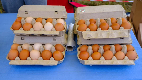 Opened egg carton with white and brown eggs. Fresh organic chicken eggs in a carton or egg container
