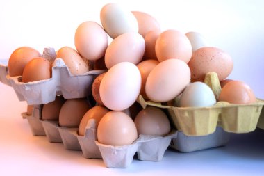 Karton yumurta kutusundaki organik tavuk yumurtaları. Yumurtalar vitamin, fosfor, çinko ve bol miktarda kolin içerir. Geri dönüşümlü malzemeler için yumurta kabı.