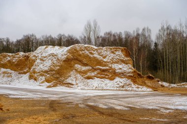 Forest residues mulched as wood chips used for heating. A pile of wood chips for a biomass boiler. For heating small towns.