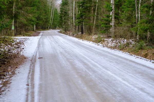 Forest road in spring. The road is icy, slippery. pass through a thick coniferous forest. Latvia