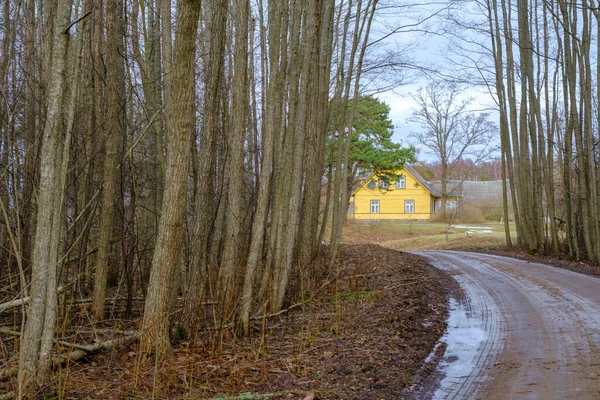 A country winding dirt road through overgrown sides with trees leads to a beautiful, yellow wooden house.
