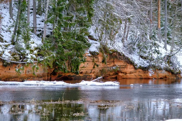 Rote Sandsteine Ufer Des Flusses Salaca Roter Sandstein Winter Bezdeligu — Stockfoto