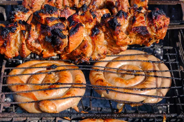 Viande Rôtie Cuite Barbecue Gros Plan Cuire Viande Marinée Épicée — Photo