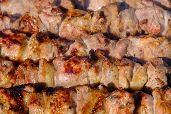 Viande Appétissante Grillée Sur Brochettes Cuisine Shashlik Faire Griller Porc — Photo