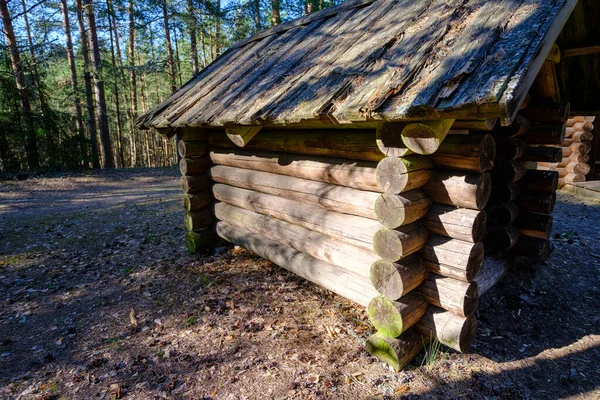 一个传统的木屋坐落在爱沙尼亚的森林里 森林里古老的木制结构小棚屋 色彩斑斓 没有阳光 没有人 — 图库照片