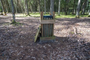 Çatısında sonbahar yaprakları olan ahşap bir çöp tenekesi sonbahar ormanında duruyor..