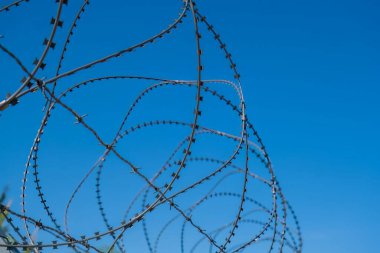 Mavi gökyüzü arka planında dikenli tel. Sınır, hapishane, savaş veya askeri üs kavramı.