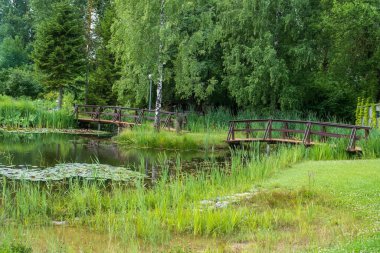 İyi korunmuş güzel bir parktaki küçük göletler arasında iki küçük tahta köprü..