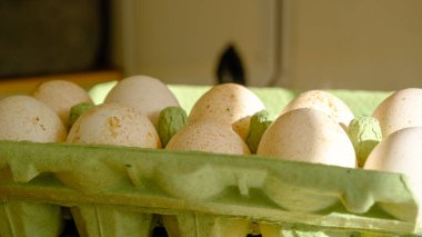 Hindi yumurtaları kutuya konur. Organik taze yumurta. Ev Yapımcıları Pazarı. Çiftçi ürünleri satılık..