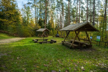 Estonya 'da doğal bir açık alanda şenlik ateşi yakmak için hazırlanmış bir yer. Şöminenin yanındaki şöminede ateş ve kazan var. Estonya, Avrupa