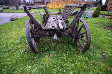 Bir sonbahar günü evin arkasındaki yeşil çimlerin üzerinde bir araba.