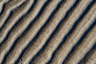 Güneş ışığı desenli kumlu yüzeyde zıt gölgeler oluşturur ve doğal bir soyut desen oluşturur..