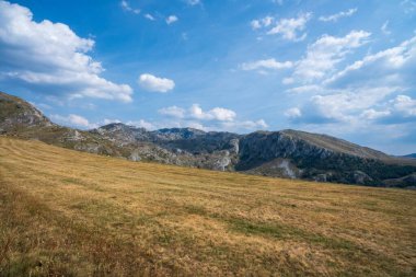 Geniş çimenli bir arazi engebeli, kayalık dağlara doğru uzanır parlak mavi bir gökyüzü altında dağınık bulutlarla, huzurlu bir manzara yaratır.