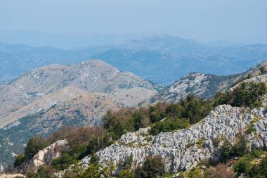 Berrak bir gökyüzünün altında, engebeli kayalık arazi ve ön planda orman parçalarıyla uzak sıradağlara uzanır..