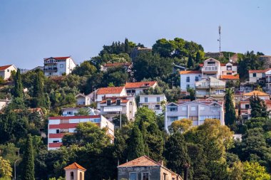 Kotor Körfezi, Karadağ - 22 Ağustos 2024: Akdeniz 'in yemyeşil bir yamacında, ağaçlar ve doğa ile çevrili kırmızı çatılı evler kümesi.