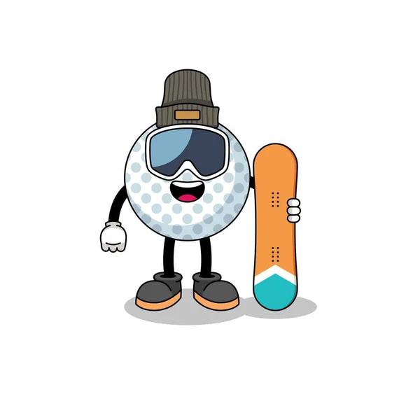 Maskottchen Karikatur Von Golfball Snowboard Spieler Charakter Design — Stockvektor