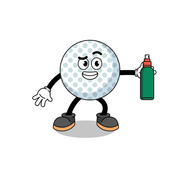 Golfball Illustration Cartoon Hält Mückenschutz Charakter Design — Stockvektor