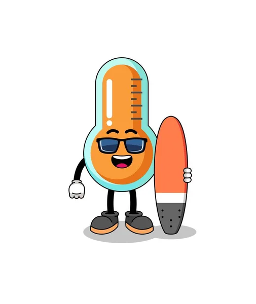 Dibujos Animados Mascota Del Termómetro Como Surfista Diseño Personajes — Vector de stock