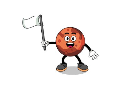 Mars gezegeninin beyaz bir bayrak taşıyan çizgi film çizimi, karakter tasarımı