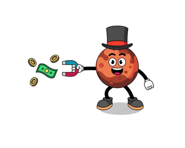 Character Illustration Mars Planet Catching Money Magnet Character Design — Stock Vector