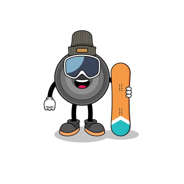 Maskot Kartun Kamera Lensa Snowboard Player Desain Karakter - Stok Vektor