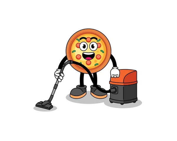 Personaje Mascota Pizza Sosteniendo Aspiradora Diseño Carácter — Vector de stock