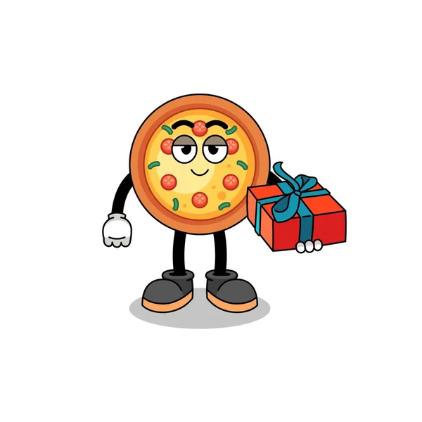 Pizza Mascotte Illustratie Geven Een Geschenk Karakter Ontwerp — Stockvector