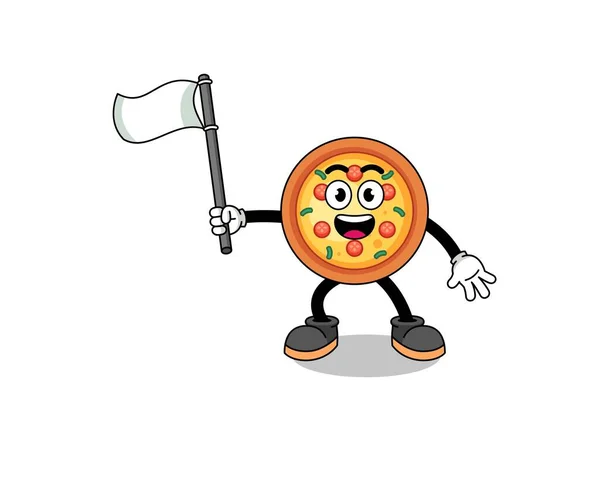 白い旗を持つピザの漫画イラスト キャラクターデザイン — ストックベクタ
