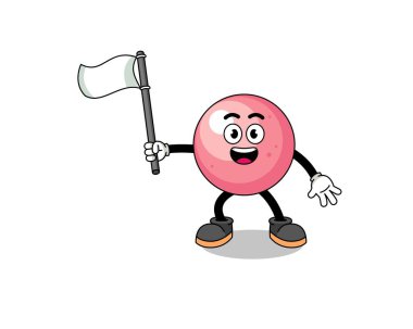 Beyaz bir bayrak taşıyan sakız topunun çizgi film çizimi, karakter tasarımı