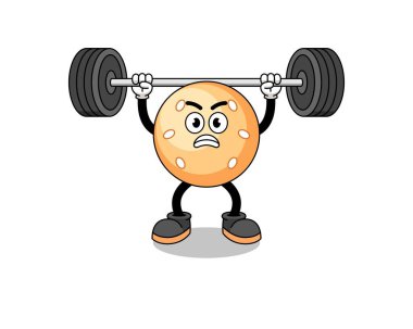 Susamlı top maskotu çizgi filmi halter kaldırıyor, karakter tasarımı