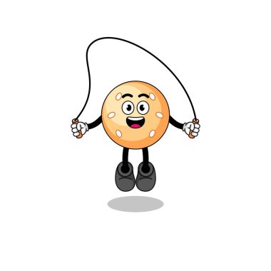 Susamlı top maskotu çizgi filmi ip atlama, karakter tasarımı oynuyor.