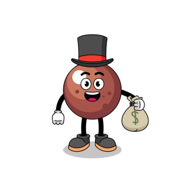 Çikolata topu maskotu illüstrasyon zengin adam para çuvalı, karakter tasarımı