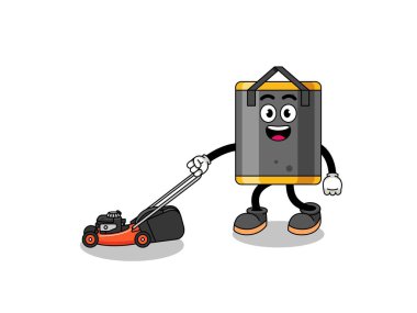 Çim biçme makinesi taşıyan kum torbası çizimi, karakter tasarımı