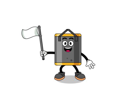 Beyaz bir bayrak taşıyan kum torbasının çizgi film çizimi, karakter tasarımı