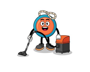 Elinde elektrikli süpürge tutan karakter maskotu, karakter tasarımı.