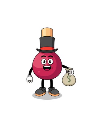 Maskot resimli zengin adam para torbası tutuyor, karakter tasarımı.