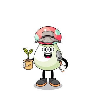 Bir bitki tohumu taşıyan mantar karikatürü tasviri, karakter tasarımı