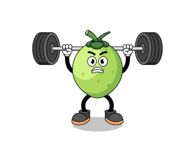 Hindistan cevizi maskotu çizgi filmi halter kaldırıyor, karakter tasarımı