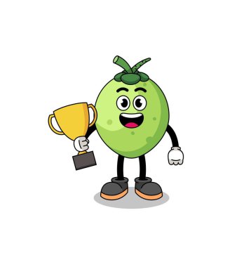 Hindistan cevizinin çizgi film maskotu elinde bir kupa, karakter tasarımı