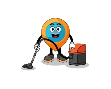 Elektrik süpürgesi ve karakter tasarımı içeren konum sembolünün karakter maskotu